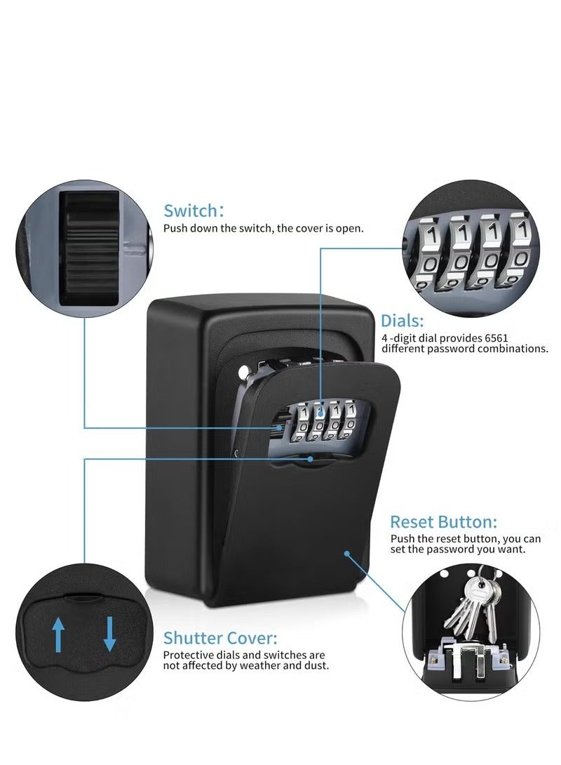 4-Digit Key Lock Box, Outdoor Waterproof Hidden Wall Mounted Key Safe - Key Storage Lock Box for House (Black) - Image 2