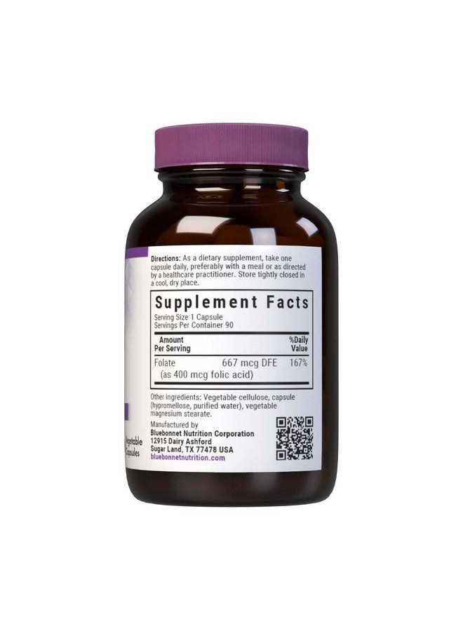 Bluebonnet حمض الفوليك من بلو بونيت للتغذية 400 ميكروغرام، صحة قبل وبعد الولادة*، غير معدّل وراثيًا، نباتي، معتمد كوشير، خالي من الغلوتين، خالي من الصويا، خالي من الألبان، 90 كبسولة نباتية، 90 حصة - Image 2