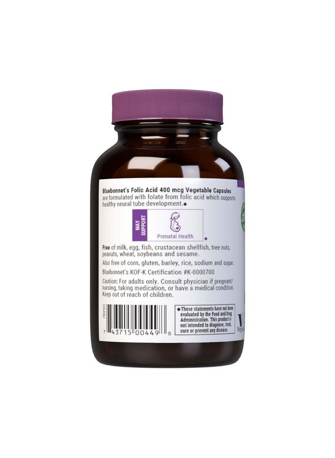 Bluebonnet حمض الفوليك من بلو بونيت للتغذية 400 ميكروغرام، صحة قبل وبعد الولادة*، غير معدّل وراثيًا، نباتي، معتمد كوشير، خالي من الغلوتين، خالي من الصويا، خالي من الألبان، 90 كبسولة نباتية، 90 حصة - Image 3