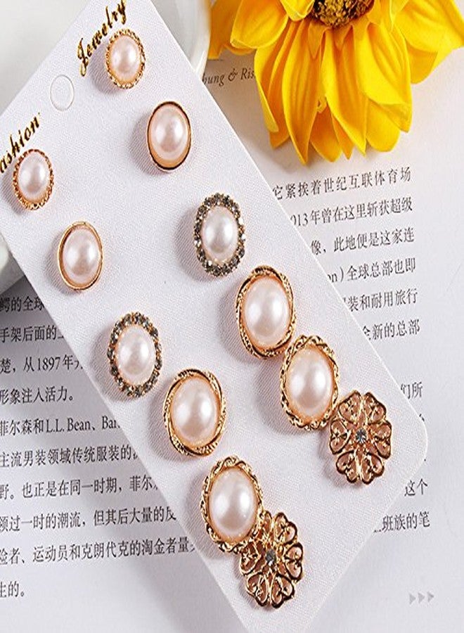 Fabula by OOMPH Jewellery Combo of 6 18K Gold Tone White Pearl Ear Stud Fashion Earrings for Women & Girls (EBJ61R3) - Gold, White - Image 3