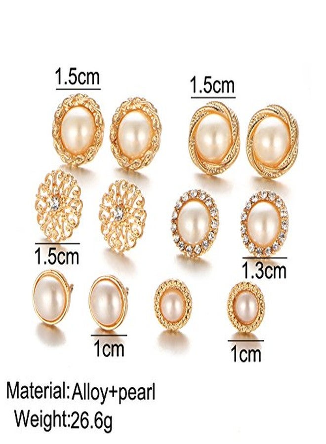 Fabula by OOMPH Jewellery Combo of 6 18K Gold Tone White Pearl Ear Stud Fashion Earrings for Women & Girls (EBJ61R3) - Gold, White - Image 2