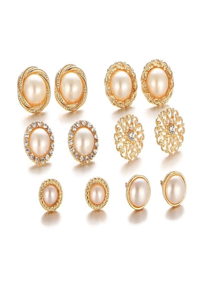 Fabula by OOMPH Jewellery Combo of 6 18K Gold Tone White Pearl Ear Stud Fashion Earrings for Women & Girls (EBJ61R3) - Gold, White - Image 1