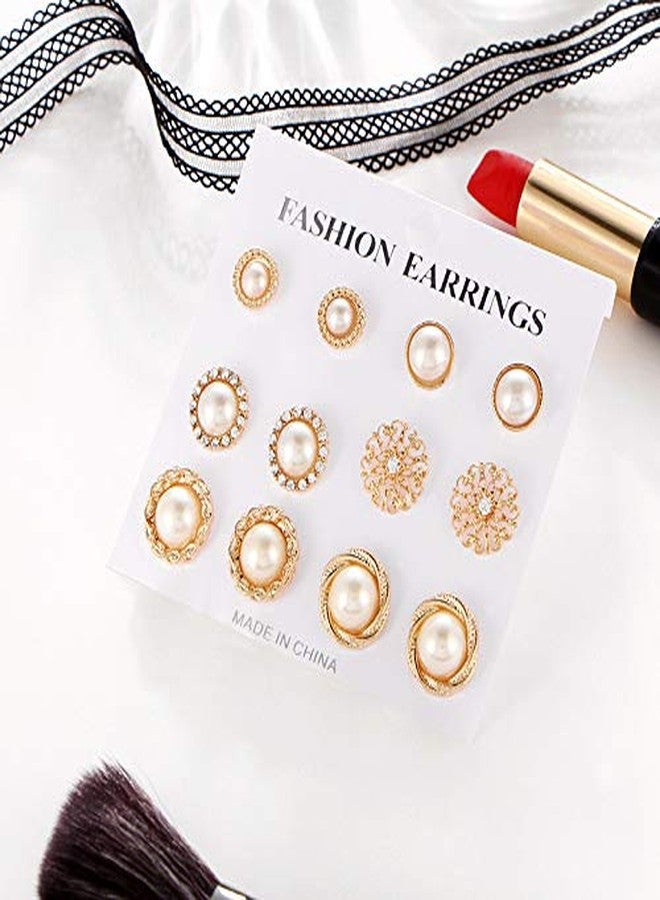 Fabula by OOMPH Jewellery Combo of 6 18K Gold Tone White Pearl Ear Stud Fashion Earrings for Women & Girls (EBJ61R3) - Gold, White - Image 5