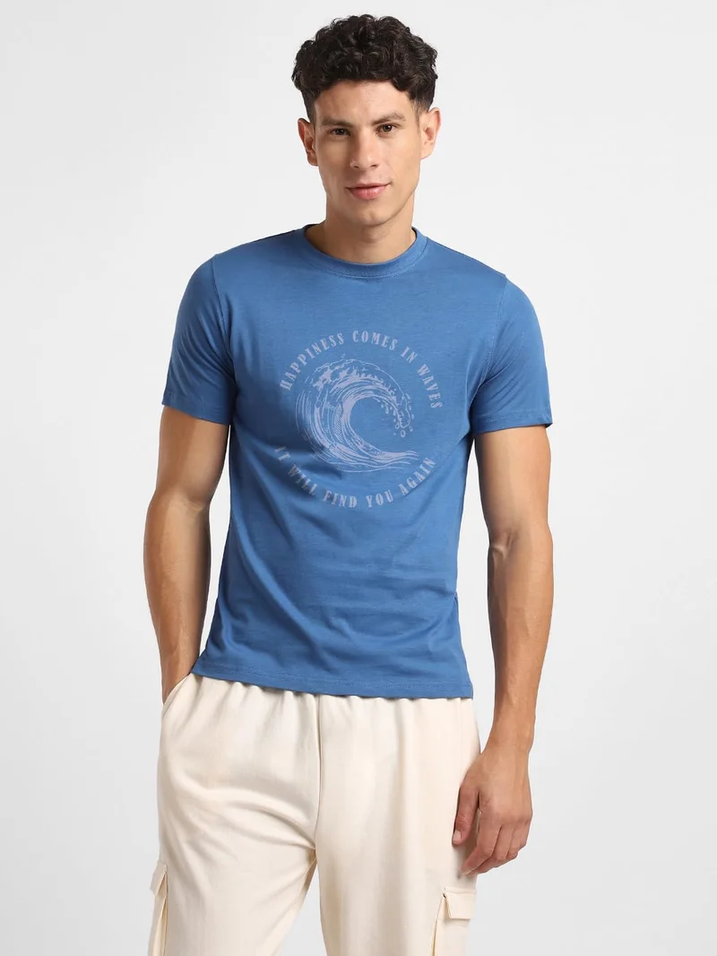 نوبيرو Men's Blue Graphic Print T-Shirt