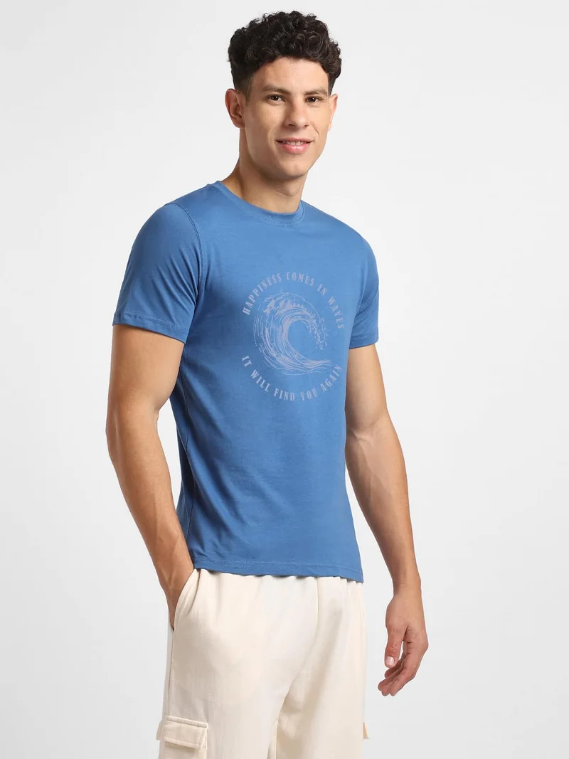نوبيرو Men's Blue Graphic Print T-Shirt