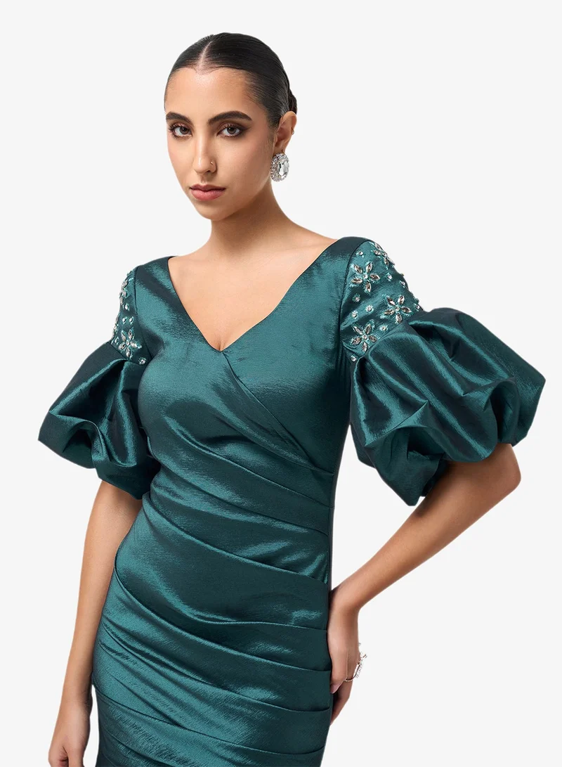 Threadz By Ajooni  Puff Sleeve V Neck Maxi Dress for Women | Best Price UAE