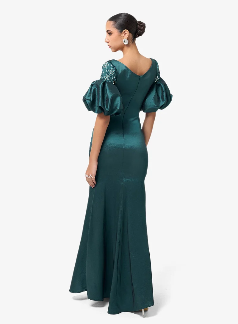 Threadz By Ajooni  Puff Sleeve V Neck Maxi Dress for Women | Best Price UAE