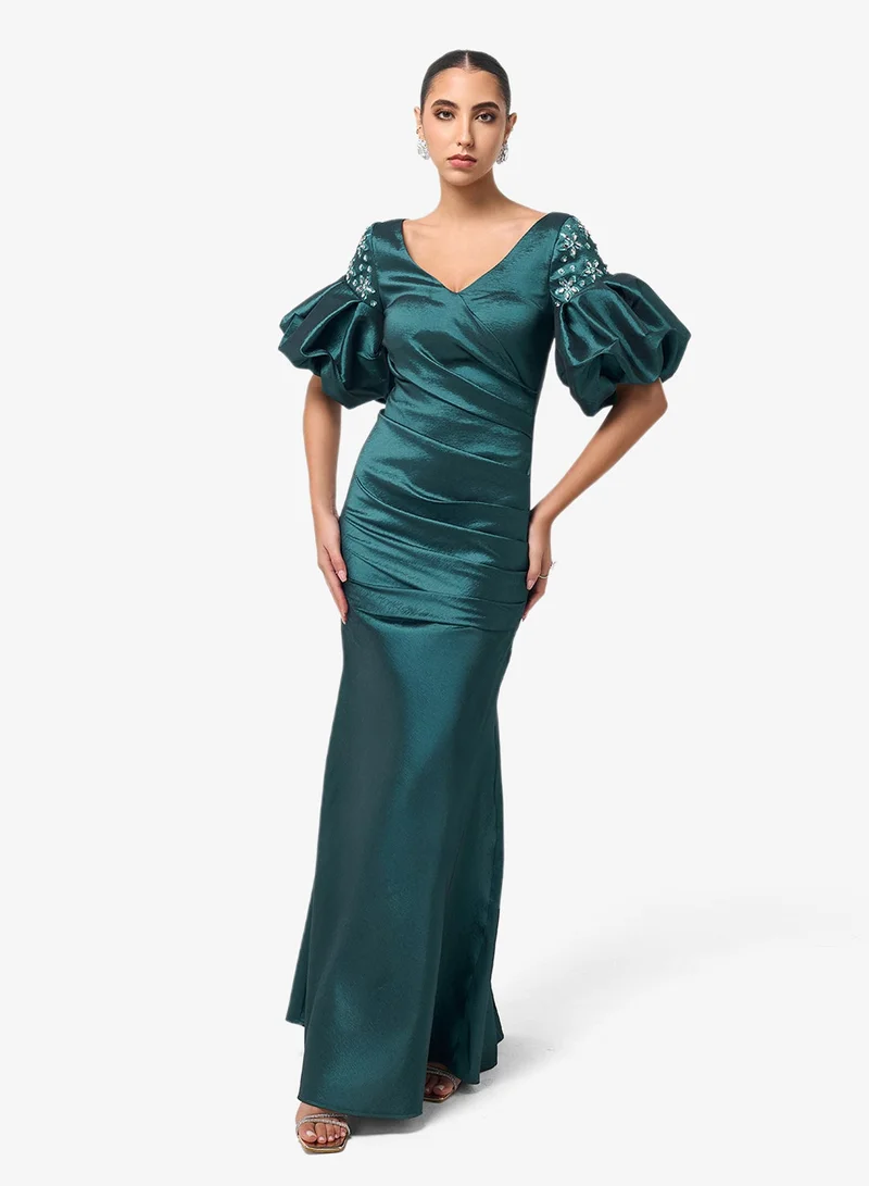 Threadz By Ajooni  Puff Sleeve V Neck Maxi Dress for Women | Best Price UAE