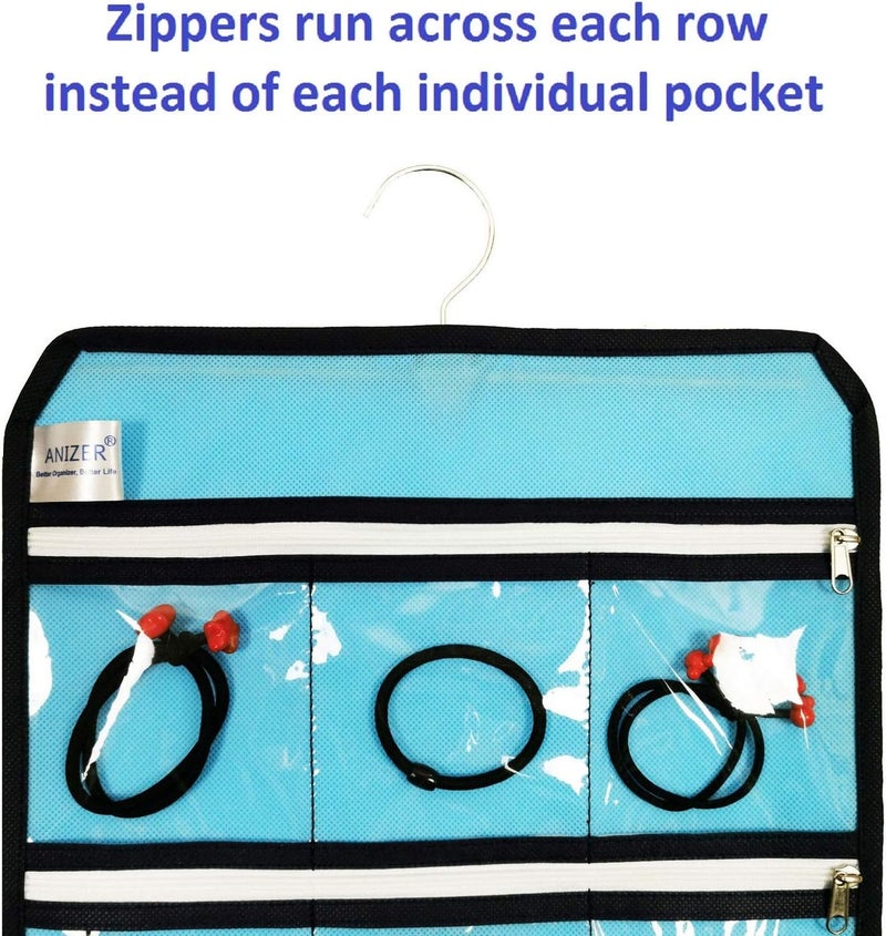 ANIZER Travel Foldable Jewelry Rolls Bag Hanging Jewelry Organizer with 9 Zippered Clear Pockets Storage Pouch with Rotatable Hanger (BLUE) - Image 4