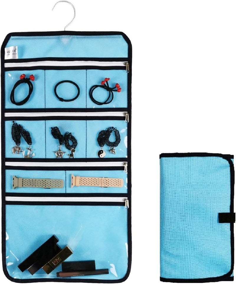 ANIZER Travel Foldable Jewelry Rolls Bag Hanging Jewelry Organizer with 9 Zippered Clear Pockets Storage Pouch with Rotatable Hanger (BLUE) - Image 1