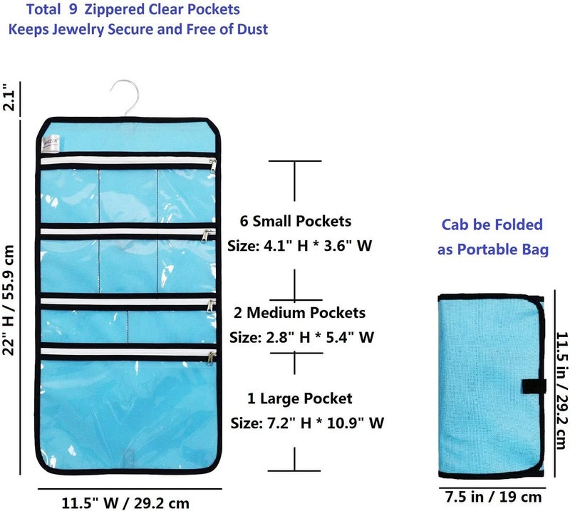 ANIZER Travel Foldable Jewelry Rolls Bag Hanging Jewelry Organizer with 9 Zippered Clear Pockets Storage Pouch with Rotatable Hanger (BLUE) - Image 2