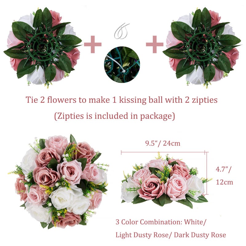 BLOSMON Dusty Rose Flowers Decoration: 2 Pcs Pink Artificial Flowers Balls for Wedding Dinning Table Centerpieces - Fake Silk Kissing Floral Arrangement for Home Party Event - Image 4