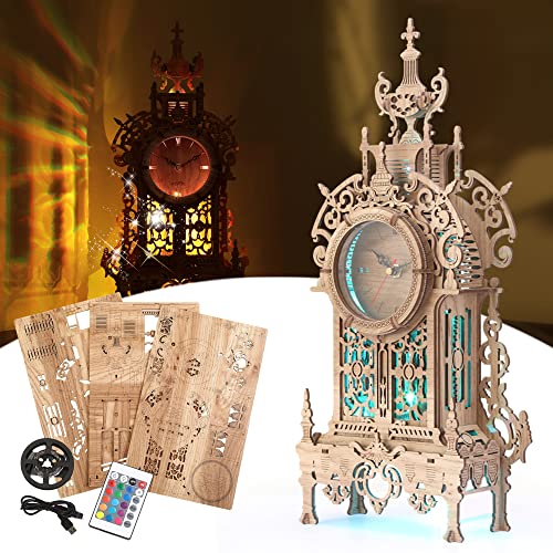 FUNPOLA 3D Wood Puzzle LED Tower Clock 3D Puzzle Building Desktop Clock Model DIY Architectural Building Blocks LEDTC01 Wood - Image 1