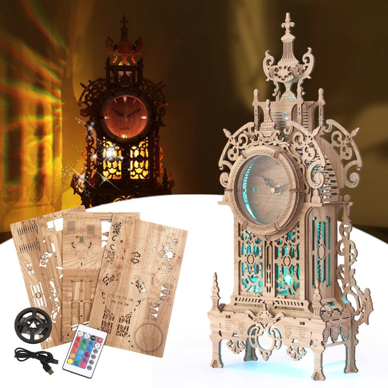 FUNPOLA 3D Wood Puzzle LED Tower Clock 3D Puzzle Building Desktop Clock Model DIY Architectural Building Blocks LEDTC01 Wood - Image 3
