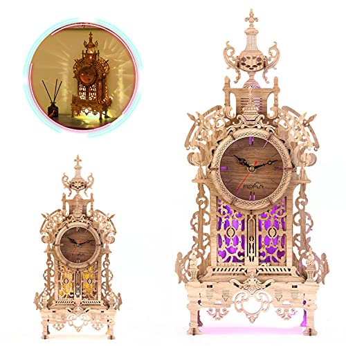 FUNPOLA 3D Wood Puzzle LED Tower Clock 3D Puzzle Building Desktop Clock Model DIY Architectural Building Blocks LEDTC01 Wood - Image 5