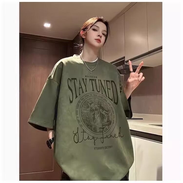 Suede Short-Sleeved T-Shirt Men'S Summer American-Style High-Street Hiphop Heavy-Weight Loose Half-Sleeved T-Shirt 1 - Image 1