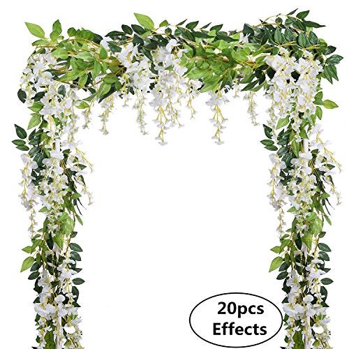 DearHouse 4Pcs 6.6Ft/Piece Artificial Flowers Silk Wisteria Garland Artificial Wisteria Vine Rattan Silk Hanging Flower for Home Garden Outdoor Ceremony Wedding Arch Floral Decor (White) - Image 2