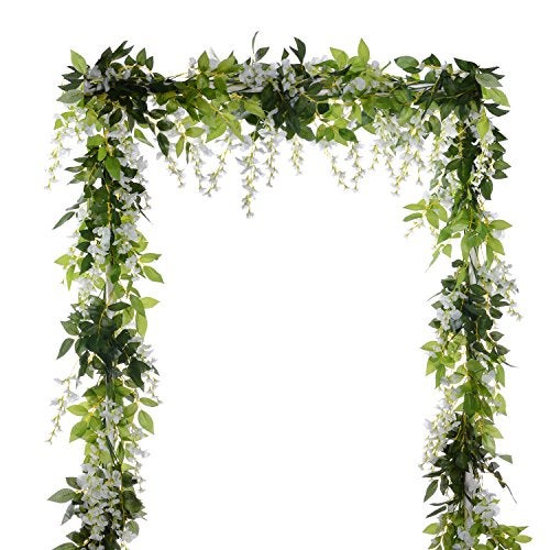 DearHouse 4Pcs 6.6Ft/Piece Artificial Flowers Silk Wisteria Garland Artificial Wisteria Vine Rattan Silk Hanging Flower for Home Garden Outdoor Ceremony Wedding Arch Floral Decor (White) - Image 1