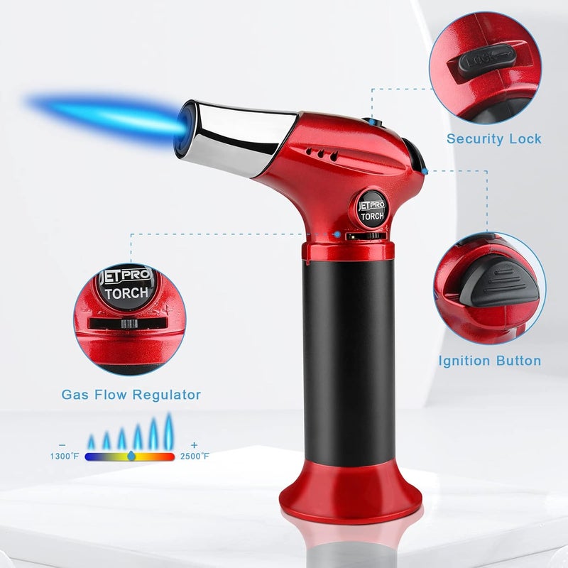 JETPRO Butane Kitchen Torch Lighter Cooking Refillable Torch with Adjustable Flame and Safety Lock for Desserts BBQ Kitchen (Butane Gas Not Included) (red) - Image 3