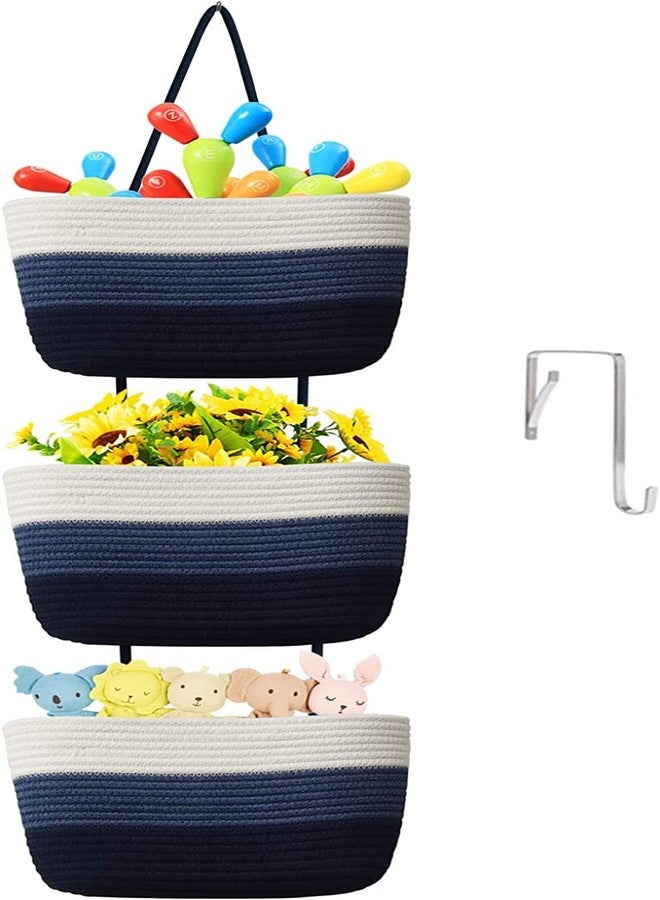 Gleckn Small Basket Cotton Rope Basket With Cat Ears Little Storage Baskets For Organizing Bins Organizer Wicker Nursery Room For Kids Baby Dog Toy Drawer Gifts 9.5"X8.5"X4" (Mix-Blue, 3-Tier) - Image 1