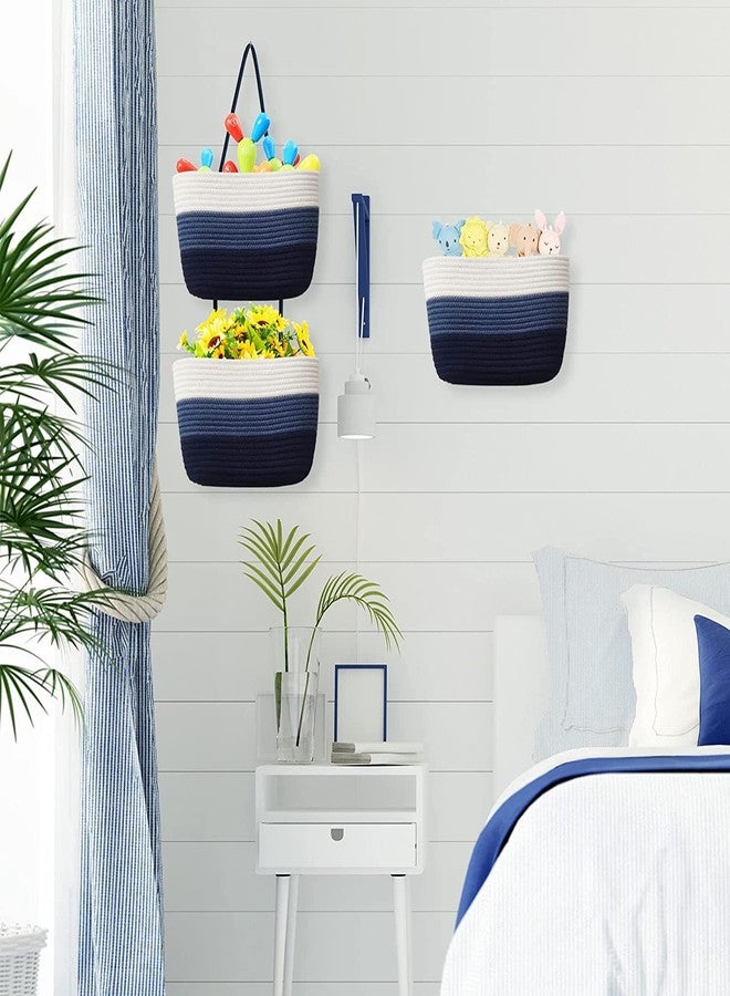 Gleckn Small Basket Cotton Rope Basket With Cat Ears Little Storage Baskets For Organizing Bins Organizer Wicker Nursery Room For Kids Baby Dog Toy Drawer Gifts 9.5"X8.5"X4" (Mix-Blue, 3-Tier) - Image 3