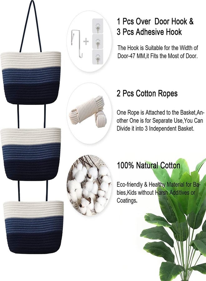Gleckn Small Basket Cotton Rope Basket With Cat Ears Little Storage Baskets For Organizing Bins Organizer Wicker Nursery Room For Kids Baby Dog Toy Drawer Gifts 9.5"X8.5"X4" (Mix-Blue, 3-Tier) - Image 2