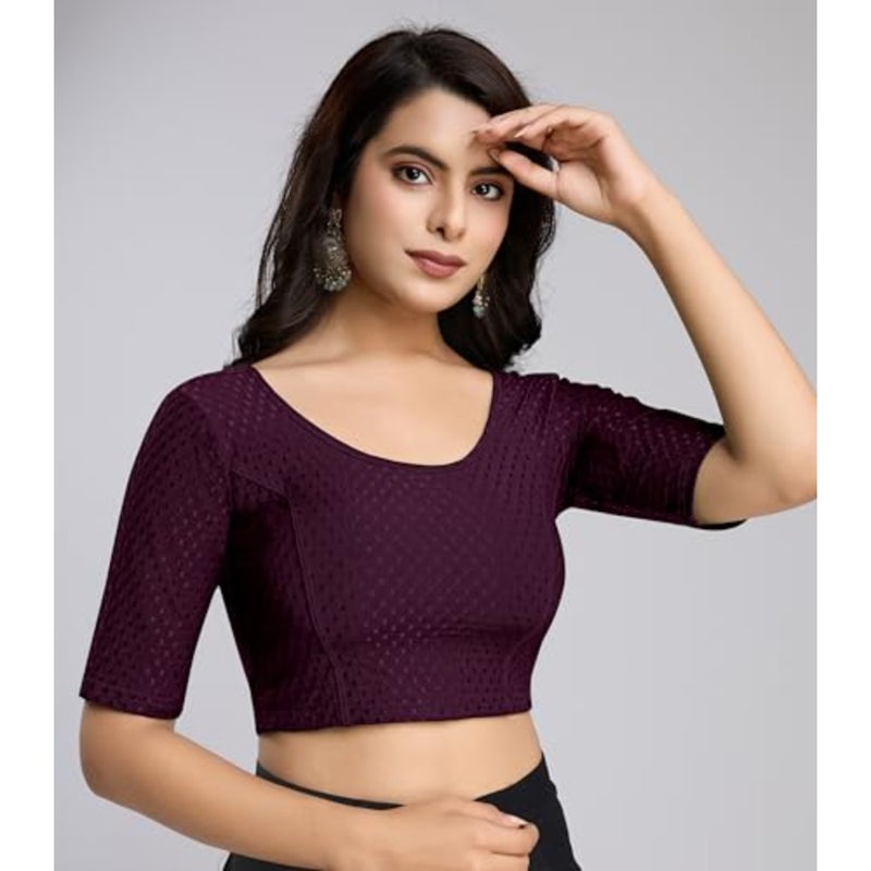 Trendmalls Women's Dobby Pure Cotton Elastin Stretchable Readymade Round Neck Elbow Length Sleeves Blouse Choli Stylish Saree Blouse Ready to Wear - Image 5