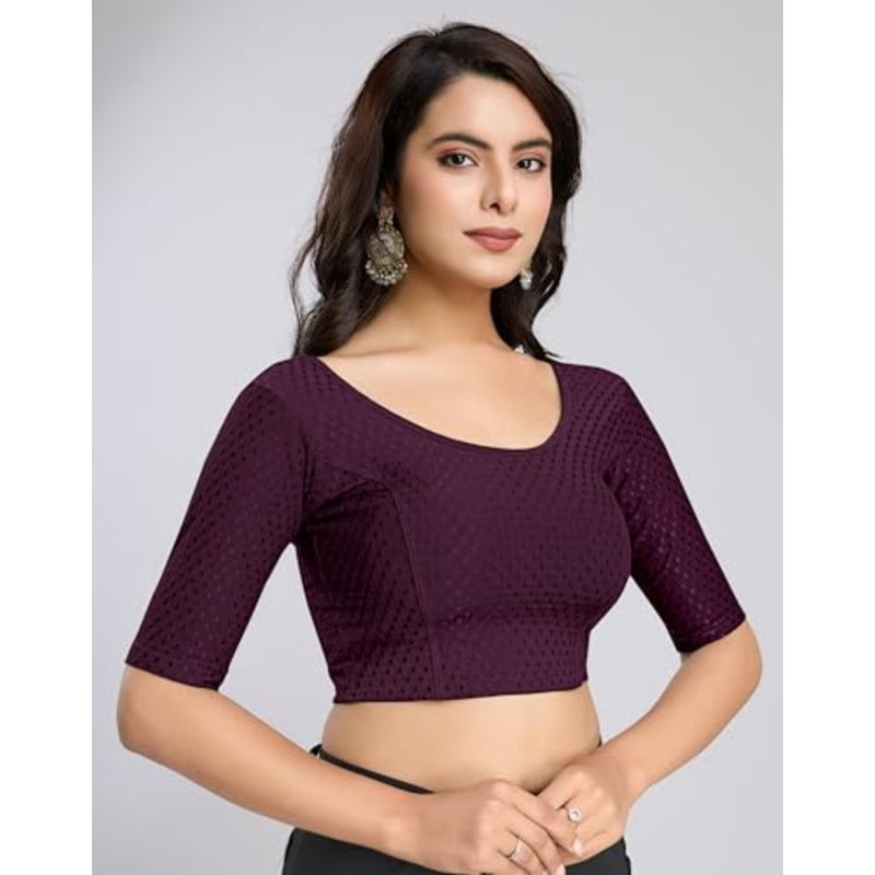 Trendmalls Women's Dobby Pure Cotton Elastin Stretchable Readymade Round Neck Elbow Length Sleeves Blouse Choli Stylish Saree Blouse Ready to Wear - Image 3