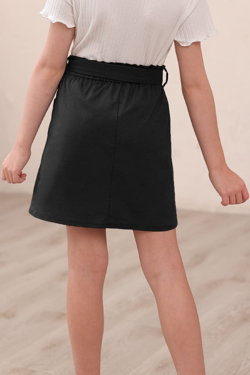GORLYA Girls Paper Bag Elastic Waist Button Trim Front Belted Skirts with Pockets 4-14T(GOR1112,Black,8Y) - Image 2