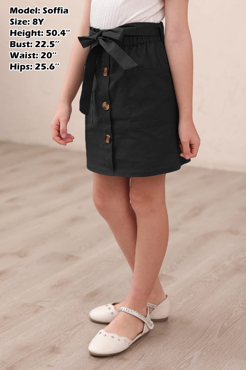 GORLYA Girls Paper Bag Elastic Waist Button Trim Front Belted Skirts with Pockets 4-14T(GOR1112,Black,8Y) - Image 3