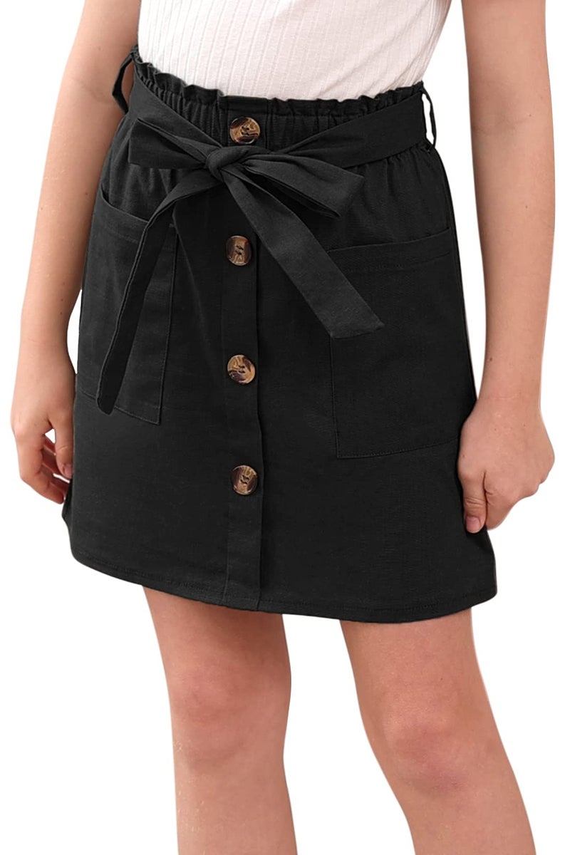 GORLYA Girls Paper Bag Elastic Waist Button Trim Front Belted Skirts with Pockets 4-14T(GOR1112,Black,8Y) - Image 1