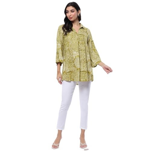 BIBA Women's Rayon Blend Regular Kurti (TPTUNS20703AW24MEH_Green - Image 2