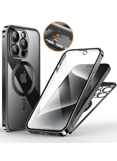 Double-Sided Magnetic For iPhone 15 Pro Max Case, Full-Coverage Protective Case For iPhone 15 Pro Max With Metal Glass Screen Protector Buckle And Camera Lens Protector - Black