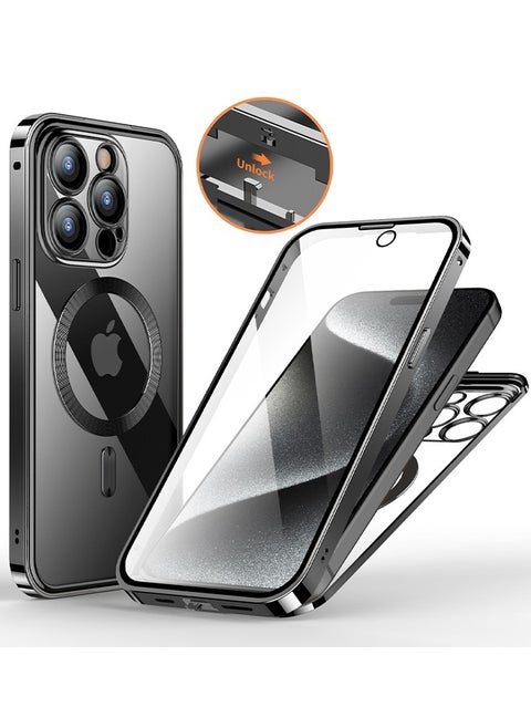 Double-Sided Magnetic For iPhone 15 Pro Max Case, Full-Coverage Protective Case For iPhone 15 Pro Max With Metal Glass Screen Protector Buckle And Camera Lens Protector - Black