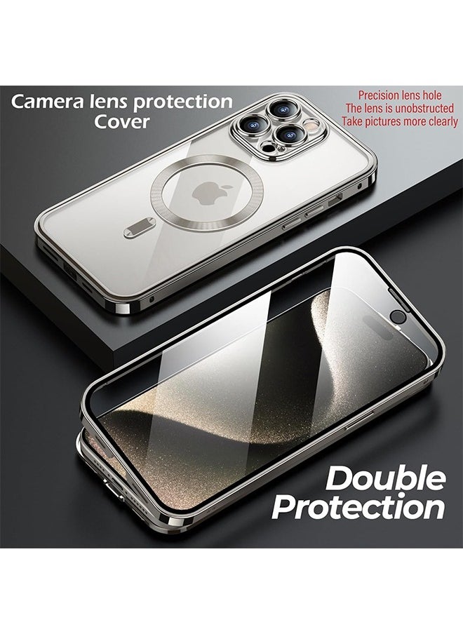 HS - Double-Sided Magnetic For iPhone 15 Pro Max Case, Full-Coverage Protective Case For iPhone 15 Pro Max With Metal Glass Screen Protector Buckle And Camera Lens Protector - Black - Image 1