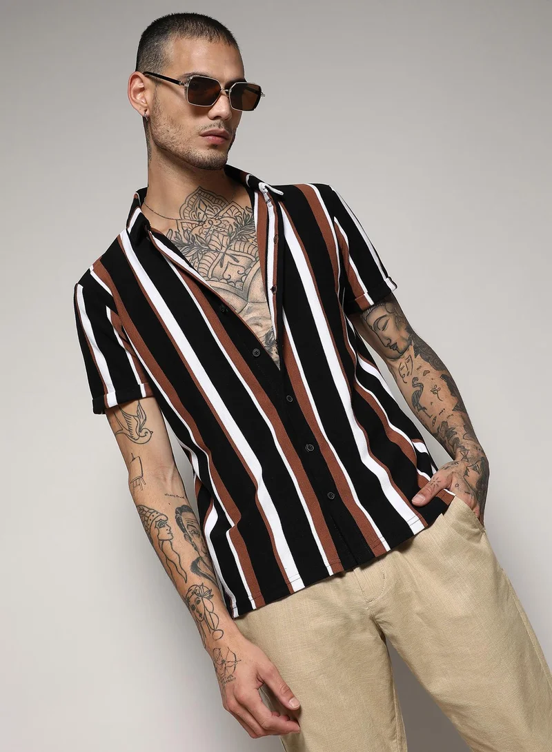 CAHOOT  Men's Black & Brown Barcode Striped Shirt for Men | Best Price UAE
