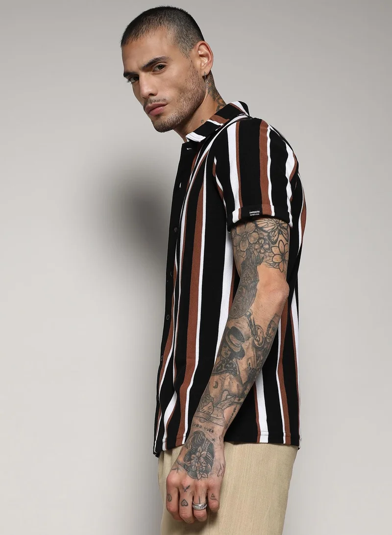 CAHOOT  Men's Black & Brown Barcode Striped Shirt for Men | Best Price UAE