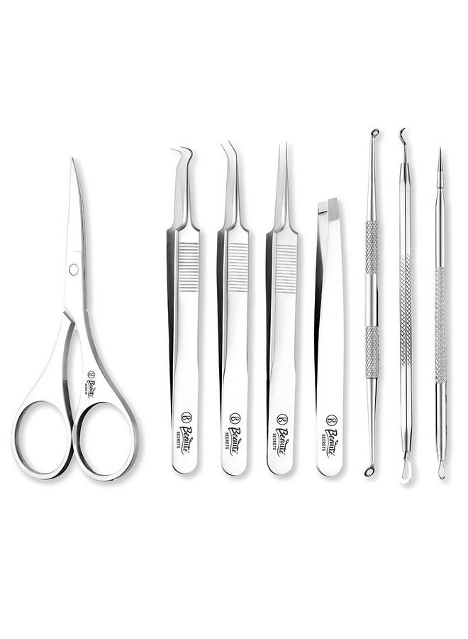Beaute Secrets Beauté Secrets Blackhead Remover Tool Set of 8, Pimple Comedown Extractor, Whitehead Popping Treatment for Blemish, Zit Removing on Nose Face Skin, Non-Magnetic Straight & Curved Tip Tweezers for Mobile/Gadget/Laptop & Jewelry Repair - Image 1