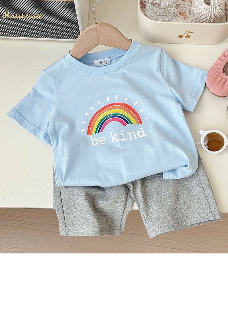 Loquat Kids Printed Short Sleeve T-Shirt And Solid Shorts With Pockets Summer Casual Set Blue/Gray - Image 1