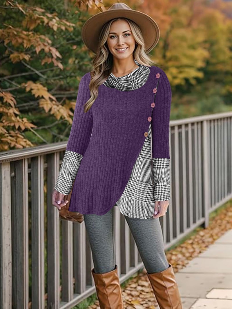 Miusey Turtleneck Sweater Fall Tunic Tops for Women 2025 Long Sleeve Pullover Sweatshirts for Leggings Purple Black Plaid XXL - Image 4