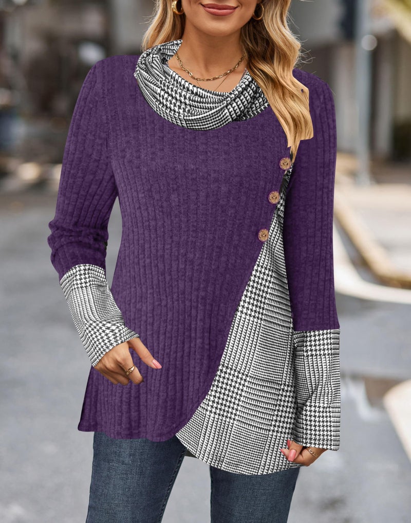 Miusey Turtleneck Sweater Fall Tunic Tops for Women 2025 Long Sleeve Pullover Sweatshirts for Leggings Purple Black Plaid XXL - Image 2