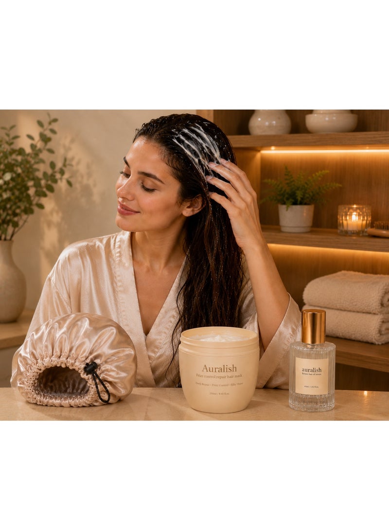 Auralish Hair Repair Bundle – Frizz Control Hair Mask 250ml + Keratin Hair Serum 45ml with FREE Satin Sleep Bonnet - Image 5