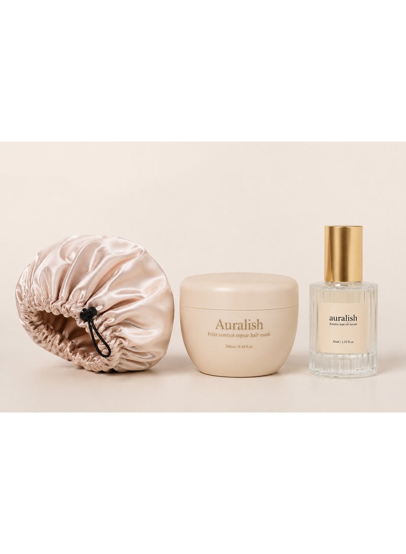 Auralish Hair Repair Bundle – Frizz Control Hair Mask 250ml + Keratin Hair Serum 45ml with FREE Satin Sleep Bonnet - Image 4