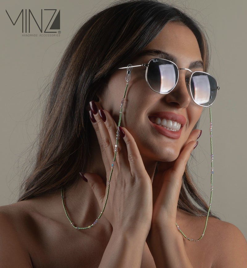 Minza “Mint” Women’s Eyewear Chain, 925 Sterling Silver, Green Czech Beads & Crystal Accents, Handmade Glasses Chain for Sunglasses & Eyeglasses, Elegant Minimalist Eyewear Accessory. - Image 2