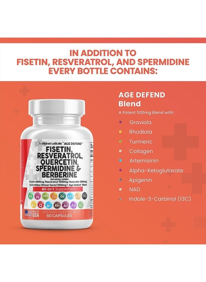 Clean Nutraceuticals فيستين 2500 ملغ كيرسيتين 1000 ملغ ريسفيراترول 1000 ملغ مع مستخلص جنين القمح 1000 ملغ - مكمل صحي للبالغين لتعزيز العمر مع بيربرين، كولاجين، روديولا، أبيجينين - Image 4