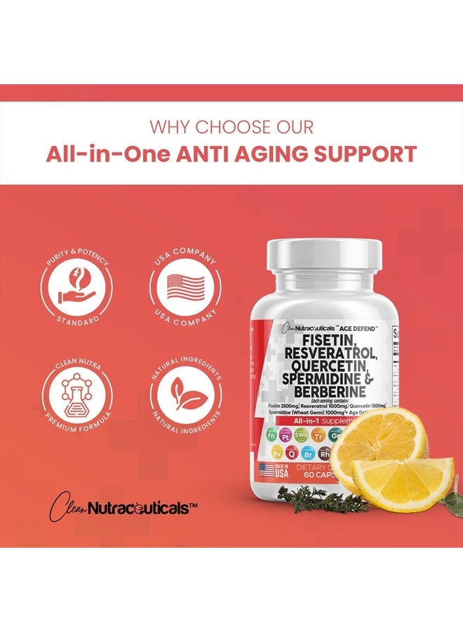 Clean Nutraceuticals فيستين 2500 ملغ كيرسيتين 1000 ملغ ريسفيراترول 1000 ملغ مع مستخلص جنين القمح 1000 ملغ - مكمل صحي للبالغين لتعزيز العمر مع بيربرين، كولاجين، روديولا، أبيجينين - Image 5