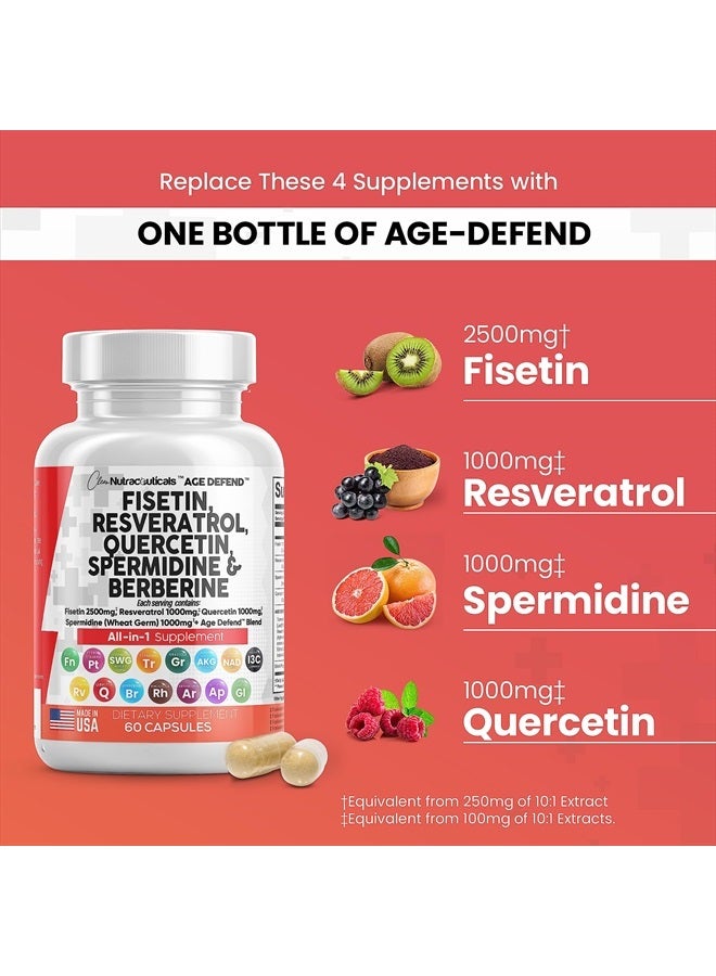 Clean Nutraceuticals فيستين 2500 ملغ كيرسيتين 1000 ملغ ريسفيراترول 1000 ملغ مع مستخلص جنين القمح 1000 ملغ - مكمل صحي للبالغين لتعزيز العمر مع بيربرين، كولاجين، روديولا، أبيجينين - Image 3