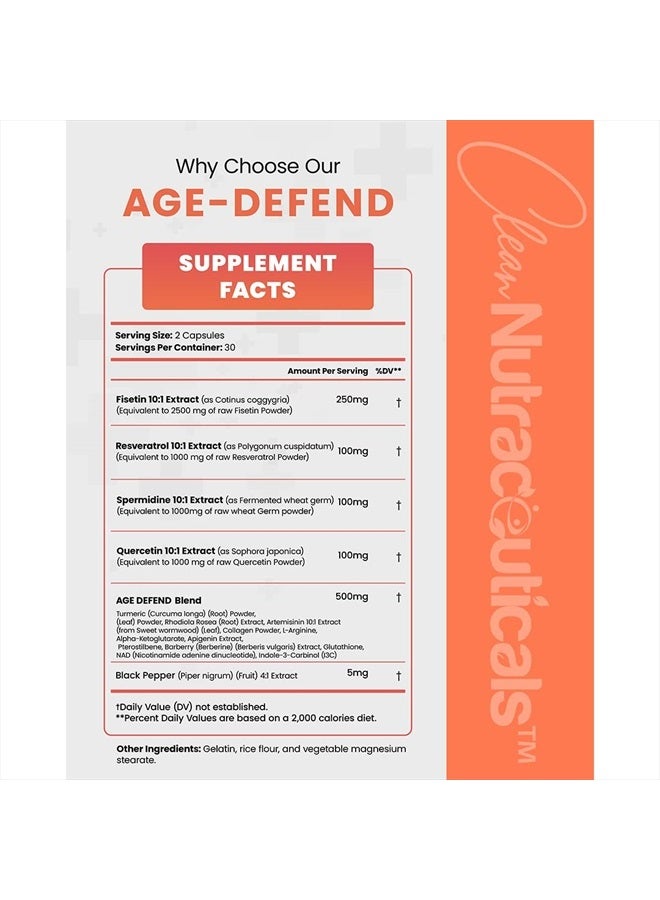 Clean Nutraceuticals فيستين 2500 ملغ كيرسيتين 1000 ملغ ريسفيراترول 1000 ملغ مع مستخلص جنين القمح 1000 ملغ - مكمل صحي للبالغين لتعزيز العمر مع بيربرين، كولاجين، روديولا، أبيجينين - Image 2