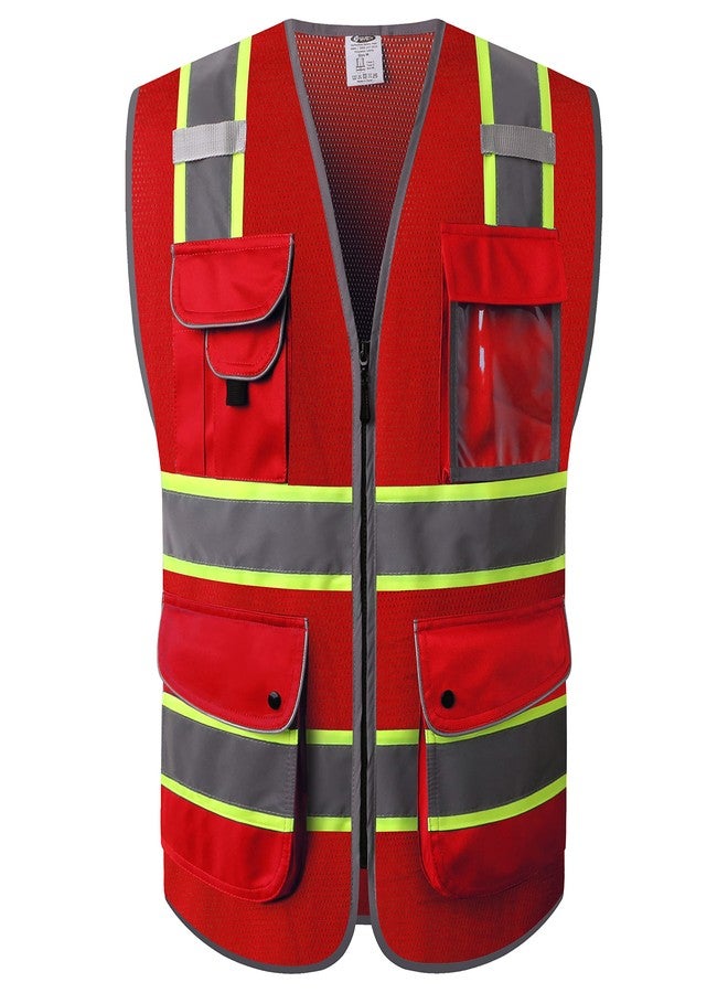 JKSafety سترة أمان شبكية أمامية بسحاب أحمر نيون عالي الوضوح من JKSafety ذات 9 جيوب وحافة صفراء فلورية ممتدة تحدد الأشرطة العاكسة، مطابقة لمعيار ANSI/ISEA (100-أحمر، 5XL). - Image 1