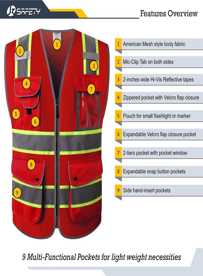 JKSafety سترة أمان شبكية أمامية بسحاب أحمر نيون عالي الوضوح من JKSafety ذات 9 جيوب وحافة صفراء فلورية ممتدة تحدد الأشرطة العاكسة، مطابقة لمعيار ANSI/ISEA (100-أحمر، 5XL). - Image 3
